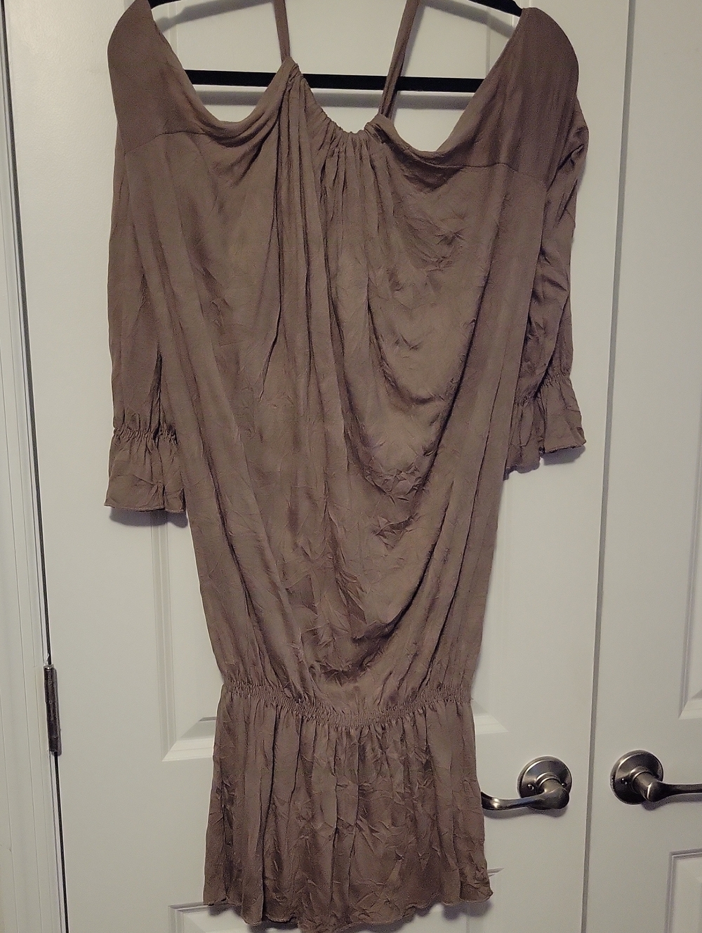 Women's Taupe Off-Shoulder Ruffled Hem Dress